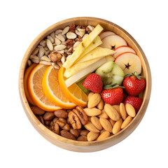 All fry fruit nuts in wooden bowl isolated on transparent background