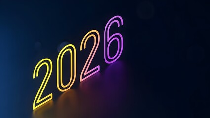 2026 neon glowing numbers on a dark background, representing the upcoming year, future, technology, and innovation with vibrant colorful light.