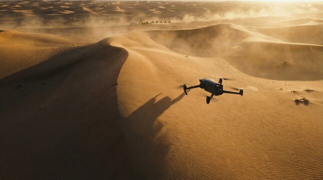 drone flying in the desert in the afternoon