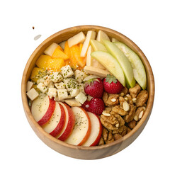 All fry fruit nuts in wooden bowl isolated on transparent background