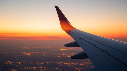 Aerial view during sunset displaying the wing of an aircraft over the bright horizon, as city lights twinkle beneath. Captured in a captivating moment of travel.