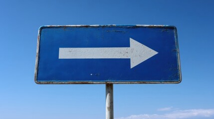 An old wooden signpost with a weathered blue sign featuring a white arrow pointing right,