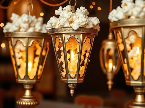 A close-up of three golden lanterns filled with popcorn hanging from a ceiling