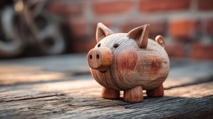 A wooden piggy bank sits on a weathered plank, with a blurred brick wall background and partial view of a bicycle