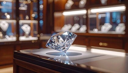 A large, radiant cut gemstone levitates above a mirrored display. Jewelry is showcased inside glass cabinets in the backdrop