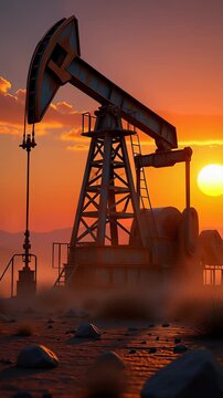Industrial oil pump jack silhouette operating in a desert landscape against a golden sunset, symbolizing global petroleum energy production.