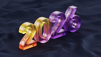 Vibrant 3D 2026 numbers in golden and purple translucent glass with sparkling flecks on a luxurious dark wavy background, symbolizing new year celebrations and future prosperity.