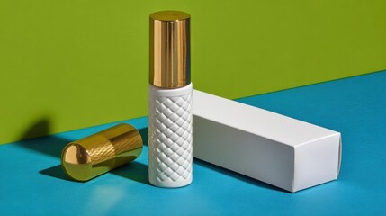 A white spray bottle with a gold cap and intricate textured patterns sits beside an open golden cap and its matching lid