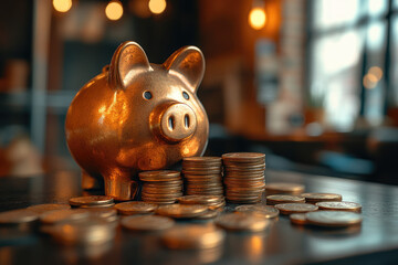 Financial Growth Depicted with Coins and Piggy Bank