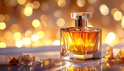 A perfume bottle sits on a reflective surface against a bokeh background. Small flower accents lie nearby