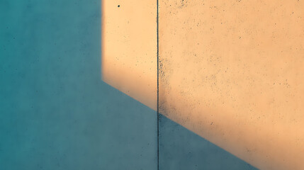 A stark architectural photograph shows a concrete wall divided by a vertical seam, one side blue under shadow, the other peach in direct light, simple and modern.