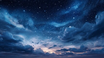 A breathtaking night sky filled with stars and glowing clouds, creating a peaceful and surreal vista. The clouds reflect a gentle sunrise