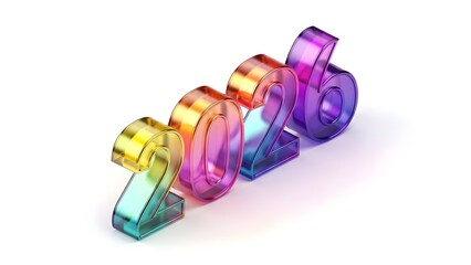 Vibrant 3D Glass Numbers 2026 on White Background. Colorful Translucent New Year Text Render with Glossy Reflection. Festive Future Celebration Concept.
