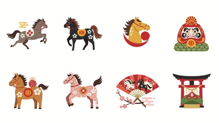 Fototapeta premium Collection of Japanese cultural icons featuring stylized horses, a Daruma doll, a traditional fan, and a Torii gate, all with festive floral patterns.