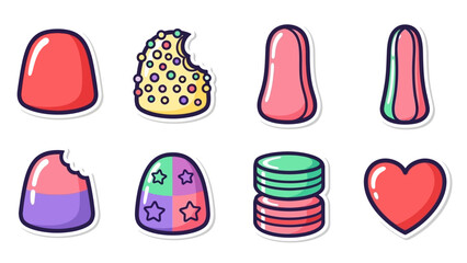 A vibrant collection of various gummy candies in different shapes and colors, including whole and bitten pieces. © tr