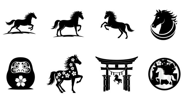 A collection of black silhouette illustrations featuring various horse poses and Japanese cultural symbols like Daruma dolls and Torii gates, with cherry blossom motifs.