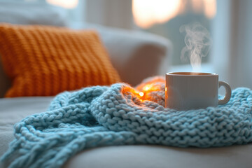 Knitted Scarf and Steaming Mug in Cozy Stillness