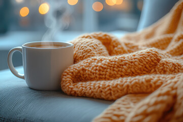 Knitted Scarf and Steaming Mug in Cozy Stillness