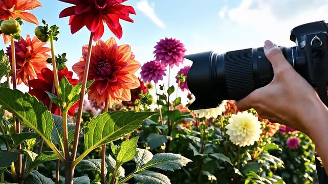 Close-up of a photographer capturing vibrant dahlia flowers in a garden.