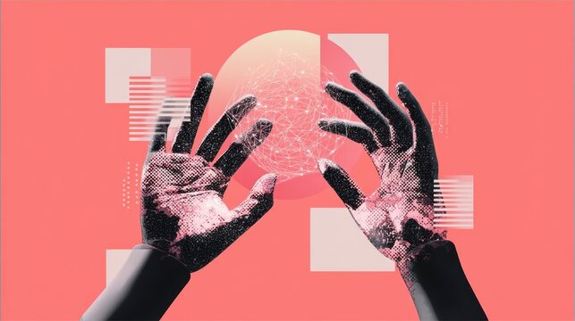 Digital sphere surrounded by abstract patterns with hands reaching out on pink, suitable for tech startups, collaborative tools, or futuristic art. - Powered by Adobe