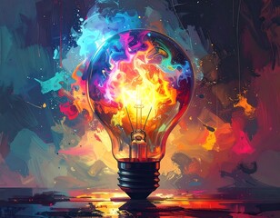 Vivid illustration of a lightbulb bursting with colorful flames