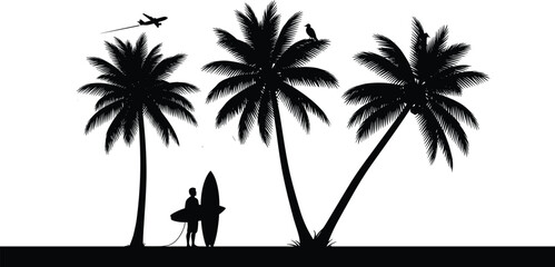 Tropical beach silhouette vector illustration, black and white contrast, surf culture, palm trees, travel theme, minimal design, vacation vibe, nature scene © Parvej Creatives