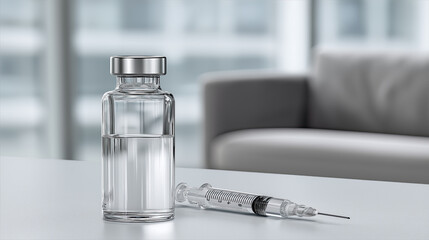 Transparent medical vial with syringe symbolizes vaccination, treatment and clinical healthcare prevention.