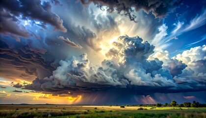 A dramatic landscape featuring towering storm clouds, radiant sunlight breaking through, and a green field below