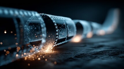 Captivating cinematic film reel glowing with magical sparks, symbolizing storytelling and creative inspiration in a dramatic dark setting.