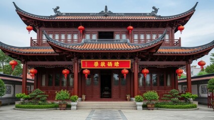 Obraz premium Grand traditional Chinese temple building with classic architectural details and vibrant red