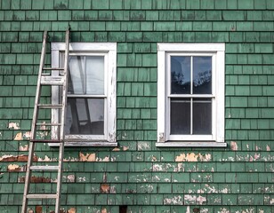 Weathered green shingle siding with white windows, and a wooden ladder