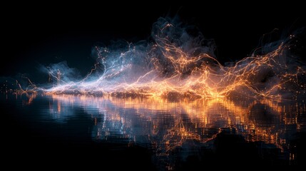 Digital art featuring ethereal, abstract energy bursts reflecting in water, with electric blue and golden hues, on a stark black background