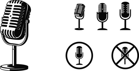 Black silhouette collection of retro vintage microphones for podcasting and broadcasting, set of classic audio studio mic icons, vector illustration, isolated,
