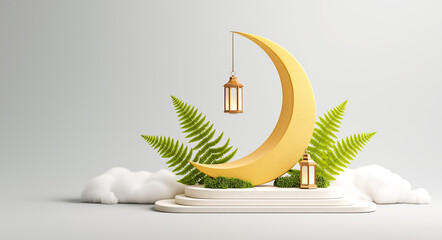 Serene crescent moon display with lanterns