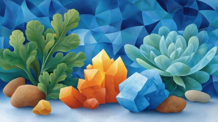 Abstract Still Life: Crystals, Plants, and Geometric Background