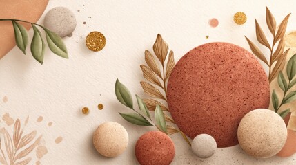 Abstract Still Life: Earthy Tones, Spheres, Leaves, and Glitter Elements