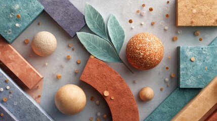 Geometric Still Life: Abstract Composition with Spheres, Shapes, and Plant Leaves