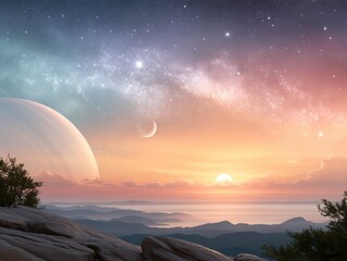 Exoplanet Landscape: Sunrise Over Mountains with Alien Planets and Milky Way