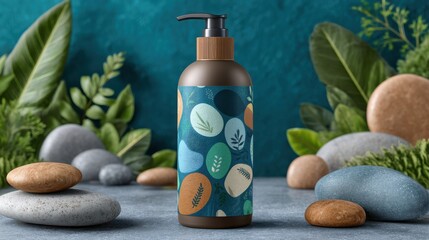 Natural Beauty Product Mockup: Pump Bottle with Botanical Design and Stone Display