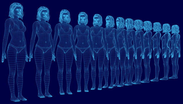 A set of animated 3D women stands in a line on a blue background, wearing matching bras and panties to create a dynamic and lively impression.