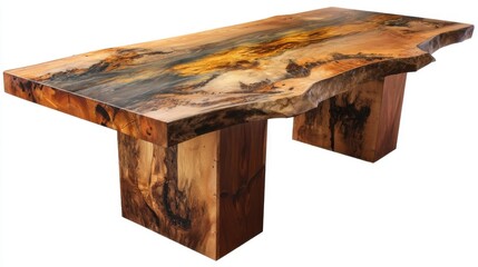 A rustic live edge wooden table with organic shape, natural borders, visible grains, knots, and amber hues, sturdy legs,