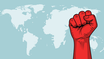 Red Raised Fist Symbol over World Map