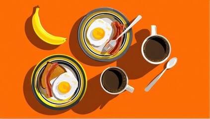 Two breakfast plates with eggs, bacon, and coffee, alongside a banana, on an orange background