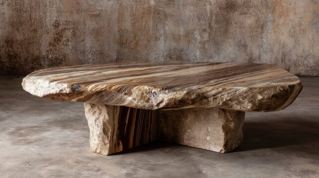 An oversized coffee table indoors with a natural stone top featuring wavy brown tan white bronze patterns and rustic roc