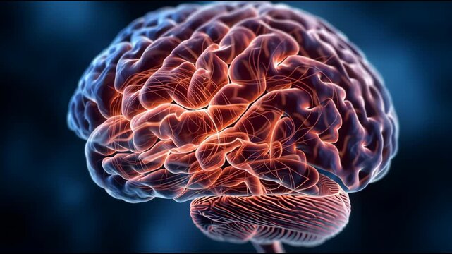 Glowing human brain with neural pathways illuminated in orange against a dark blue background