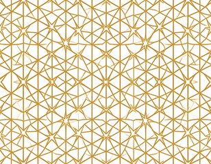 A geometric pattern with overlapping golden lines creating a star and triangle formation, set against a white background