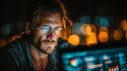 Focused man with glasses intensely working on a computer screen at night with vibrant city bokeh lights in the background, conveying dedication and modern technology use.