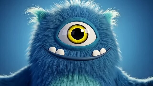 Adorable Fluffy Blue One Eyed Monster Character Smiling.