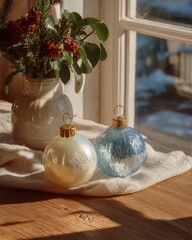 Cozy Christmas Baubles on Wooden Table