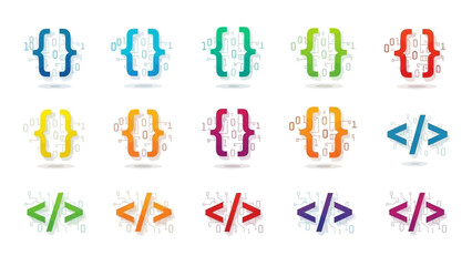 Collection of colorful programming code brackets and angle brackets.